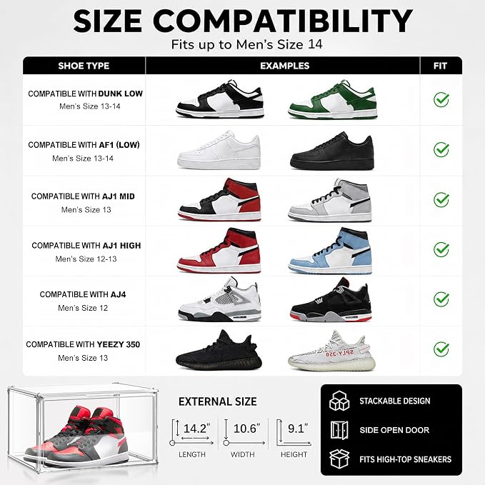 Large Clear Acrylic Sneaker Boxes Fits Size 13, Wide Magnetic Door, 12 Pack | Exterior 14.1 x 10.6 x 8.9 in; wide magnetic door for sneakers, high tops, men’s shoes and display storage