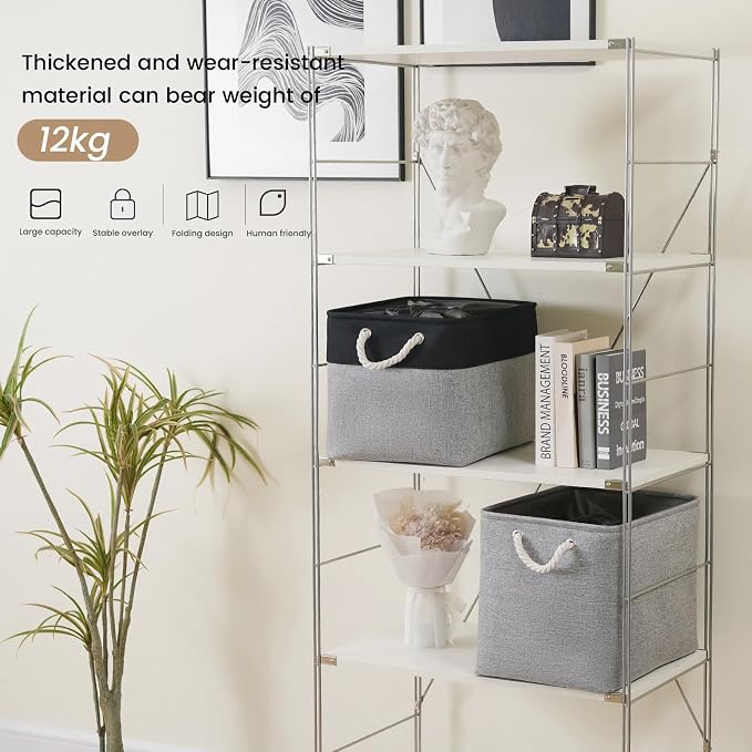 Large Storage Baskets- 16x12x12 inch Storage Bins for Shelves and Closet Organizing, Foldable Fabric Bin for Home Organization Clothes and Laundry (1-Pack, Black&Gray)