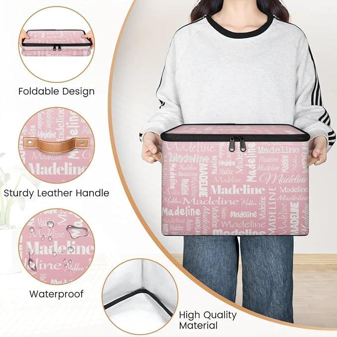 Custom Storage Basket with Name, Personalized Keepsake Box with Zipper Lid, Foldable Fabric Memory Bin Large capacity with Handle Pink