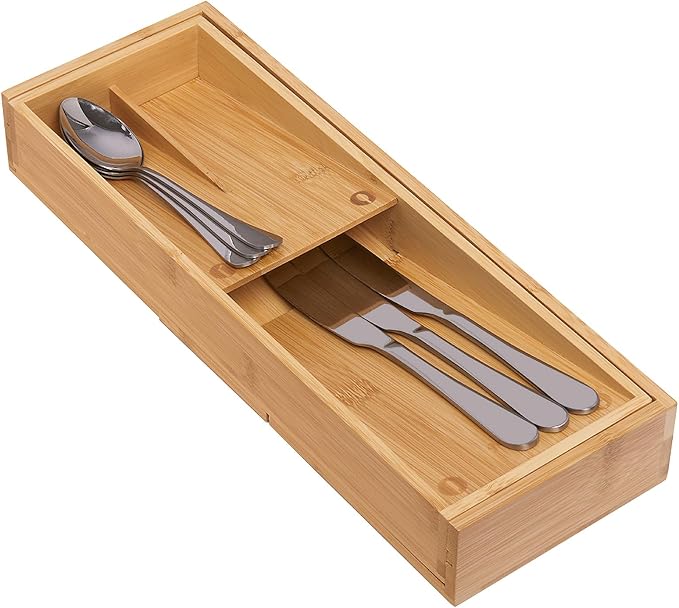 guiogc Bamboo Kitchen Drawer Organizer, Silverware Organizer Expandable Utensil Holder with Removable Knife Block, Cutlery Tray with Drawer Dividers for Kitchen Utensils and Flatware