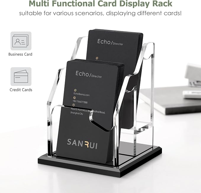 SANRUI Black Vertical Business Card Holder for Desk 2 Slot 2 Tier, Clear Acrylic Name Card Stand for Women and Men, Desktop Organizer Display for Office Home Exhibition - 120 Card Capacity 1 Pack