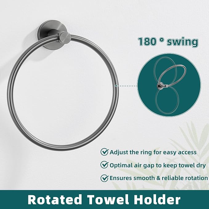 APLusee Gunmetal Gray Towel Ring, 304 Stainless Steel Rustproof Towel Holder for Bathroom Wall Mounted, Easy to Install