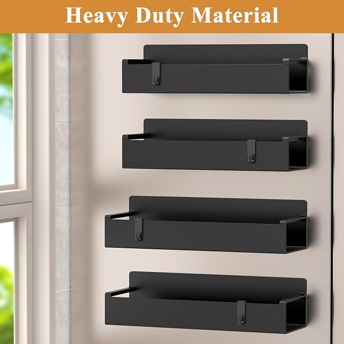 HuggieGems 4 Pack Magnetic Spice Rack Organizer for Refrigerator and Oven, Matt Black Fridge Organizers and Storage for Kitchen