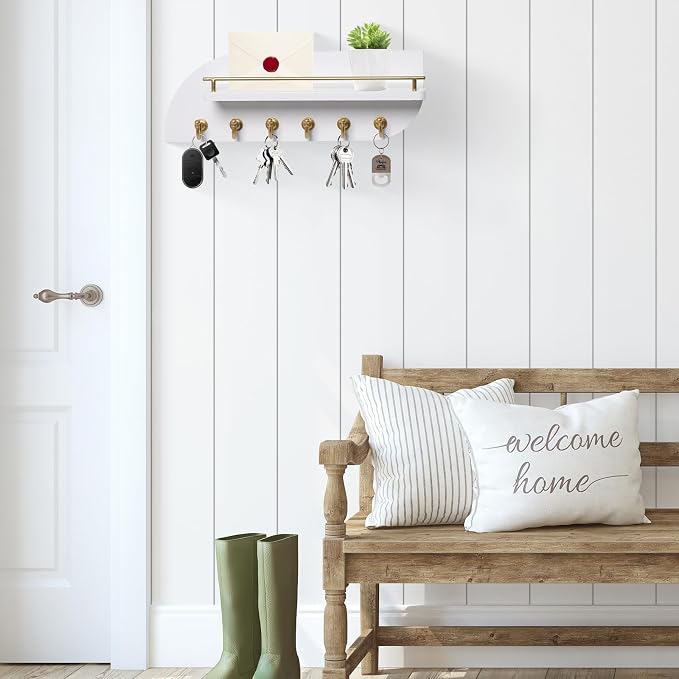 Key Holder for Wall, Decorative Key and Mail Organizer with 6 Sturdy Metal Hooks and Floating Shelf, 14 Inches Wood Wall Mounted Key Rack for Entryway, White and Gold