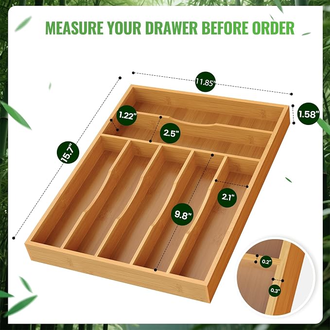 Bamboo Silverware Organizer, 12 Inch Bamboo Kitchen Drawer Cutlery Organizer, Utensil Holder, Flatware Organizer Tray (15.8"x11.9"x1.6")