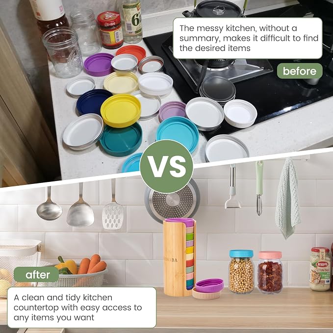 Mason Jar Lid Organizer, Regular Mouth Lid Holder (2pcs) | Mason Jar Lid Storage Made of Bamboo, Stackable Space-Saving Rack, Suitable for Mason/Canning/Bamboo Lids
