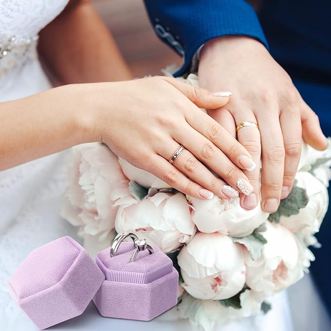 DesignSter Hexagon Velvet Ring Bearer Box - Premium Gorgeous Vintage Double Ring Display Holder with Detachable Lid for Proposal, Engagement, Wedding, Ceremony (Lilac)