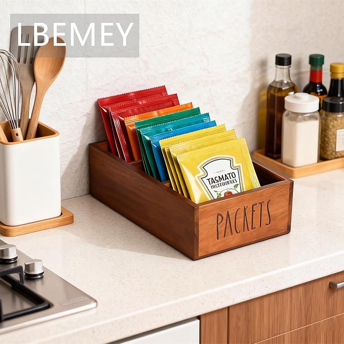 LBEMEY Packet Organizer, Acacia Wood Packet Storage Organizer with 3 Compartments,Farmhouse Kitchen Organization for Spice, Gravy, Taco, and Dressings Packets for Kitchen (Brown Label PACKETS)