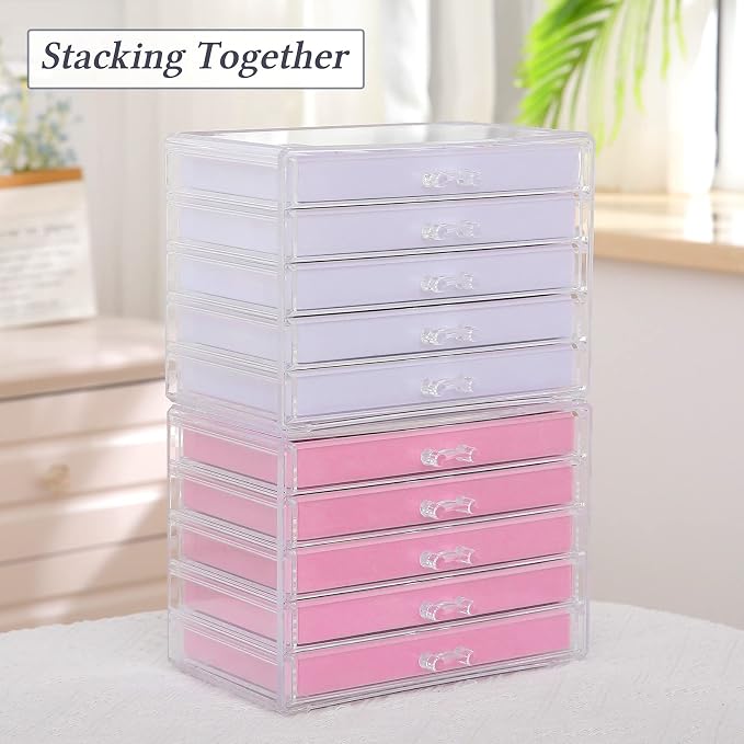 misaya Earring Jewelry Organizer with 5 Drawers, Birthday Present, Clear Acrylic Jewelry Box for Women, Velvet Earring Display Holder for Earrings Only, Pink