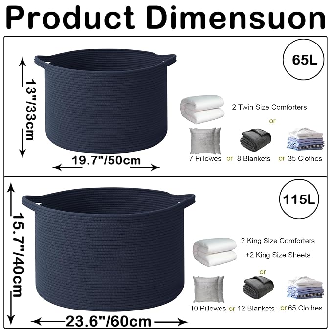 65L Large Blanket Basket,Woven Rope Laundry Basket Hamper with Handles,Decorative Nursery Basket Storage Bin for Toys, Pillows , Clothes Organizer, Living Room, Bedroom, Bathroom, Dark Blue