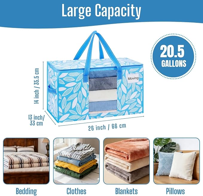 VENO 4 Pack Heavy Duty Moving Bags, Clothes and Comforter Storage Bags with Clear Window, College Dorm Essentials Packing Supplies, Foldable Boxes Alternative (Spring Breeze, 4 Pack)