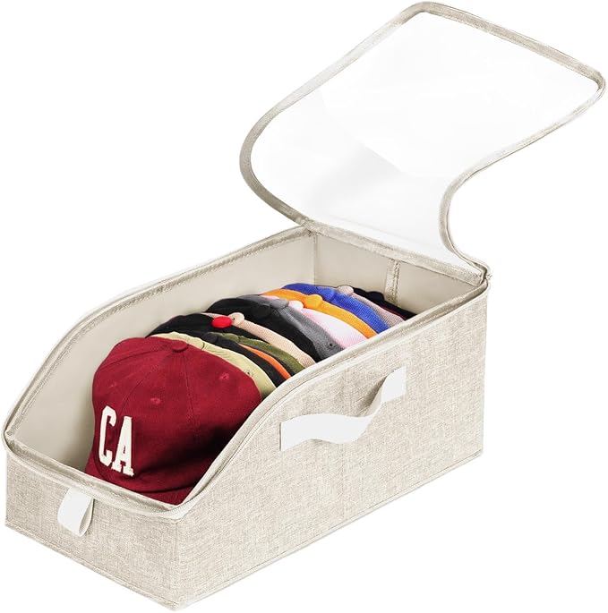 Livelab Hat Organizer for Baseball Caps, Hat Storage Box, Beige | 1Pcs | Clear Window, Space Saving and Easy to Store