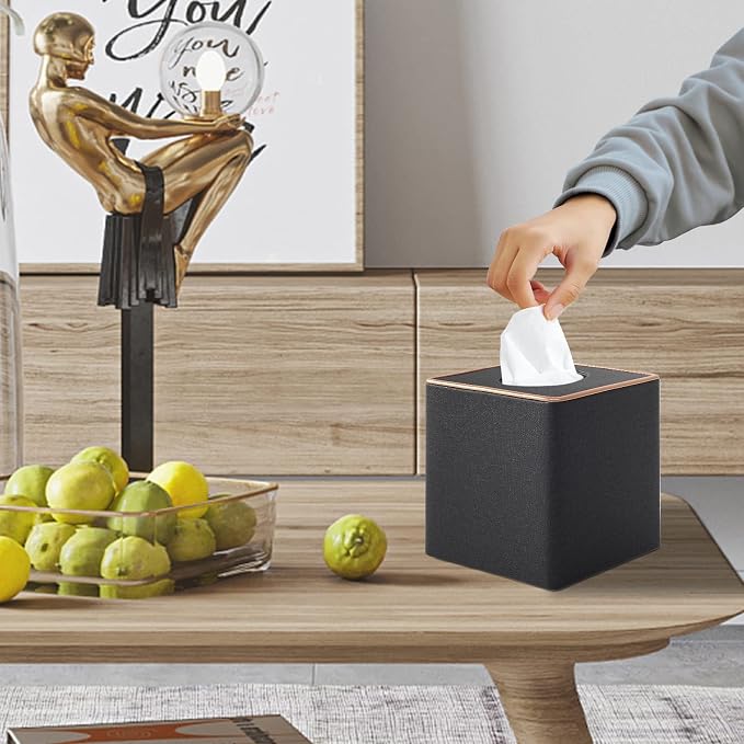 Tissue Box Cover Square Tissue Box Holder PU Leather Facial Organizer with Magnetic Bottom,Decorative Napkin Caddy for Vanity Dresser Night Stand Table Countertop Home Office Car,Black