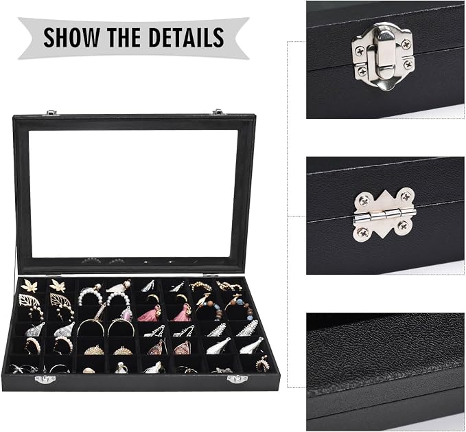 Siveit Jewelry Tray Organizer Box 48 Grid Jewelry Display Organizer Box with Transparent Lid Rings Earrings Necklaces Pendants Display Box Suitable for Women and Girls (48 Grid, Black)