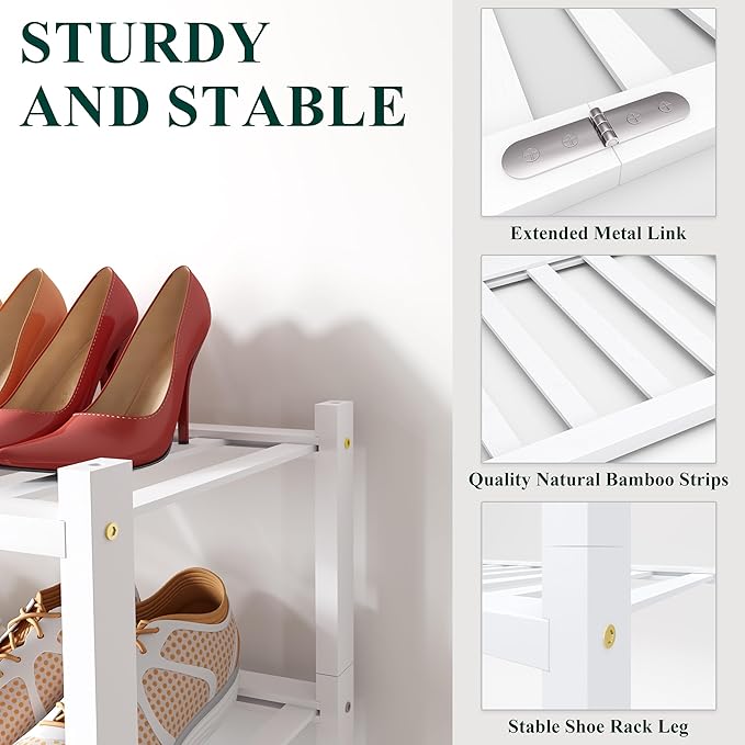 Smiry Bamboo Shoe Rack for Closet, 5 Tier Wooden Shoe Organizer, Stackable Wood Shoe Storage Shelf for Entryway, 14 Vertical Slats, 2+3 Stack Heavy-Duty Legs, 26.77"x11.02"x31.3", White