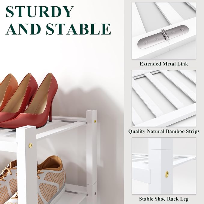 Smiry Bamboo Shoe Rack for Closet, 4 Tier Long Wooden Shoe Organizer, Stackable Wood Shoe Storage Shelf for Entryway, 14 Vertical Slats, 2+2 Stack Heavy-Duty Legs, 33.86"x11.02"x25.98", White