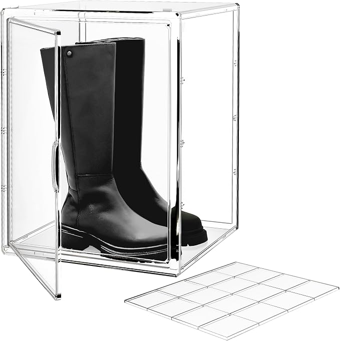 15.75''x11.81''x9.84'' XX-Large Clear Shoe Storage Boxes with Divider, Stackable Plastic Boot Boxes with Magnetic Door, Acrylic display case Box with Lids for Sneaker Purses Handbags Books (3)