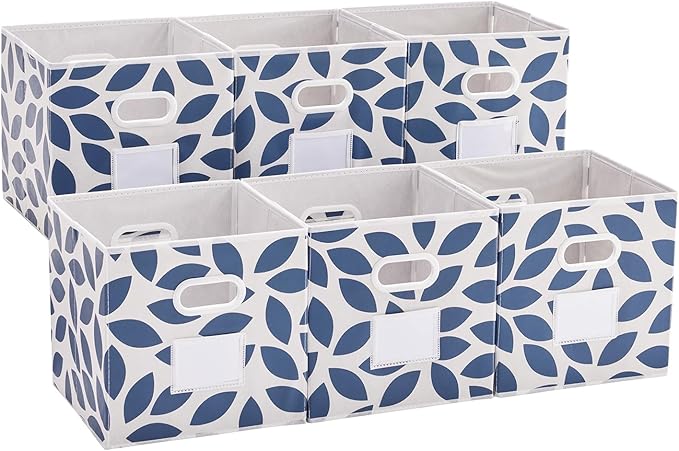 MAX Houser 6 Pack Foldable Fabric Storage Bins with Handles - Ideal for Closet Organization, Bedroom （Blue, 12"x12"x12"）