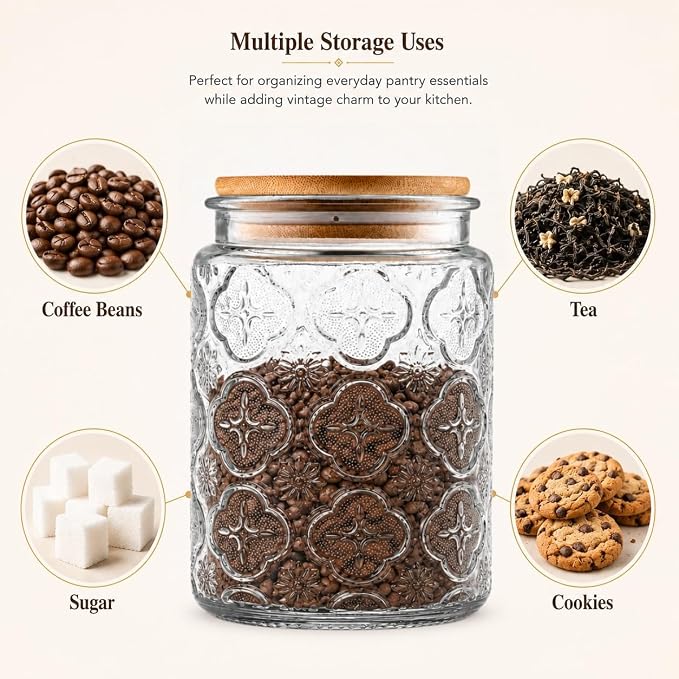 ANSQU Vintage Glass Jar with Bamboo Lid, 23.7 oz Decorative Jar, Cute Jar | Glass Storage Container with Lid, Airtight storage for coffee, tea, sugar, snacks and more.