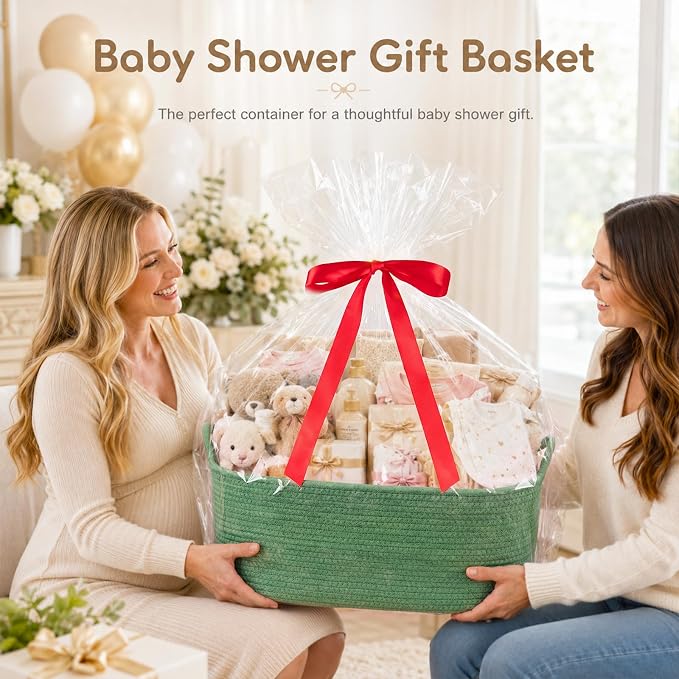 OIASKET Large Empty Cotton Rope Gift Basket with Handles, 16.5"x12.6"x7" Decorative Woven Storage Basket with Gift Bag and Ribbon Set for Baby Shower, Toy Organizer for Kids, Dogs & Cats - Green