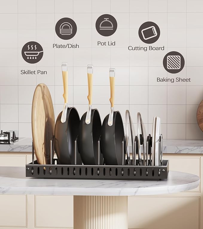 Lozovin Pull Out Pots and Pans Organizer Under Cabinet, Sliding Lid Holder and Pan Rack in Kitchen, Slide Out inside Cabinet Storage for Pot Lid, Bakeware, Dishes, 8 Adjustable Dividers, 1 Pack Black