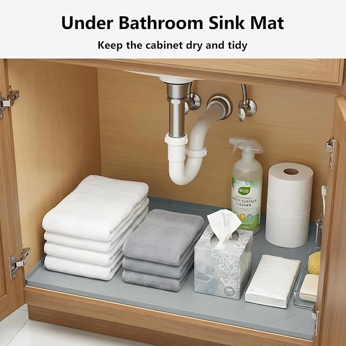 Mateeylife Under Sink Mats for Kitchen Waterproof 31"X22", Undersink Protectors，Silicone Mat Cabinet Liner, Under Sink Organizer for Bathroom and Kitchen，Boot Tray Pet Food Mat, Light Grey
