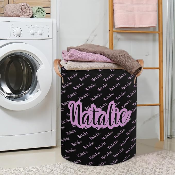 Personalized Laundry Basket, Custom Gift Laundry Hamper, Collapsible Nursery Waterproof Laundry Baskets, Dirty Clothes Toy Hamper with Handles Name Text Black Light Purple