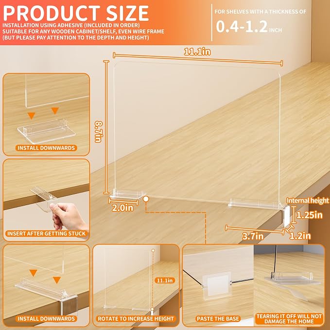 Yieach 6 Pack Acrylic Shelf Dividers for Closet Organization,Towel,Sweater,Purse Organizer - Adjustable Height - Vertical Shelf Separators for T Shirt,Clear Closet Shelf Divider for Wood Shelves