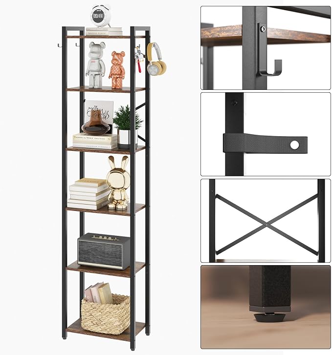 YMYNY Bookshelf, 6-Tier Ladder Shelf Organizer, Narrow Shelving Unit, Corner Storage Racks, Large Capacity Bookcase, for Home Office Living Room Balcony Bathroom, Metal Frame,HBC001H