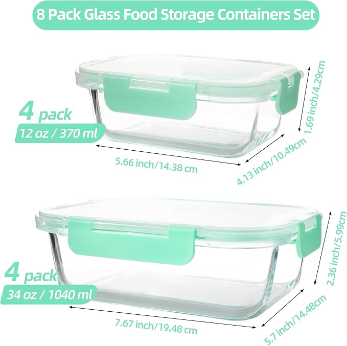 16Pack Glass Meal Prep Containers 8 Bowls with 8 Airtight Mint Lids 2 Sizes | Borosilicate glass food storage set for lunch, leftovers & portion control — microwave/freezer/dishwasher safe, leak-proof