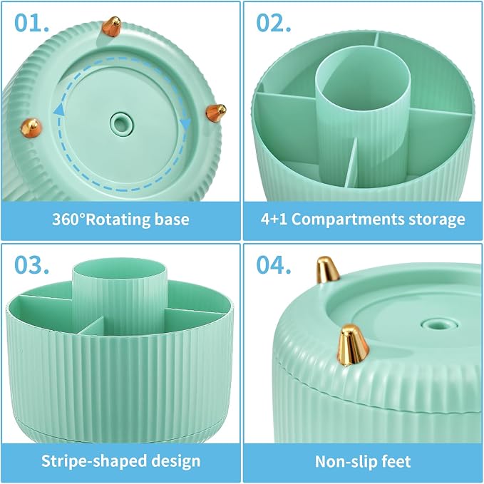 Marbrasse Desk Organizer, 360-Degree Rotating Pen Holder, Desk Organizers and Accessories with 5 Compartments Pencil Holder, Art Supply Storage Box Caddy for Office, Home (Mint Green)