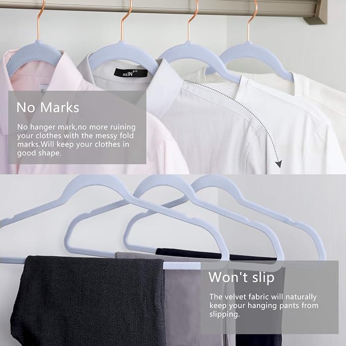 MIZGI Premium Velvet Hangers (50 Pack) Heavy Duty - Non Slip Felt Hangers - Velvet Suit Hangers Light Blue - Rose Gold Hooks,Space Saving Clothes Hangers