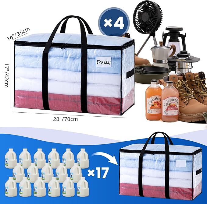 TAILI Extra Large Moving Bags, 4 Pack Clear Heavy Duty Totes For Storage with Visible Window, Wrap Around Handles, Storage Bags for Space Saving, Alternative to Moving Boxes