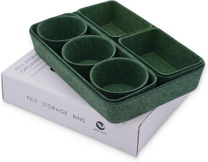 Welaxy 8-piece Nordic Beige desk drawer organizer tray office suppliers makeup pens aesthetic quiet luxury storage bin hygge design sleek minimalist lifestyle (Forest Green)