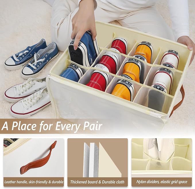 Patinao 2 Pack Shoe Storage Box Organizer for Closet - 24 Cell Space Saver Shoes Containers Bin with Clear Lids Stackable, Can Fit Ottoman, Foldable Shoe Rack Cabinet Cubby for Wardrobe