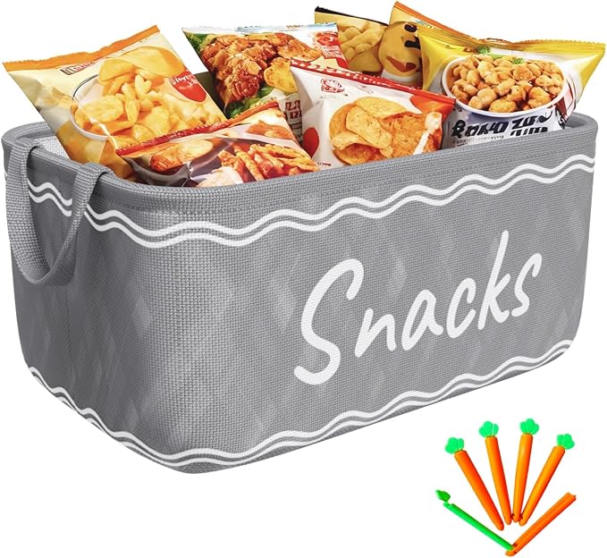Snack Basket for Pantry & 5 Seal Clips - Snack Bin Organizer for Countertop - Imitation Linen Snack Storage Containers for Storing Chips, Pretzels, Cookies, Popcorn and more (1, Gray)
