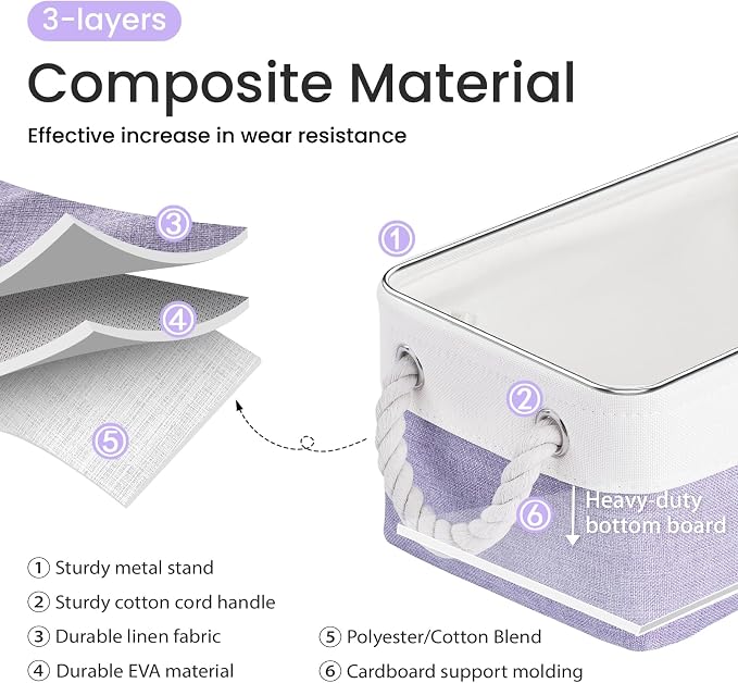 Storage Baskets for Shelves 11.8x7.9x5.2 Inch, Foldable Fabric Storage Bins with Handles, Small Storage Baskets for Organizing Closet, Office, Home Organization (6-Pack, White&Purple)