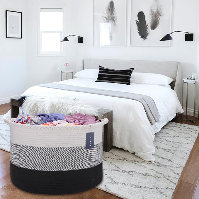 COMSE Extra Large Blanket Basket, Woven Laundry Basket, 21.7”x 13.8”, Nursery Hamper, Cotton Rope Laundry Hamper Living Room for Storage Toys Clothes Towels (White &Gray &Black)