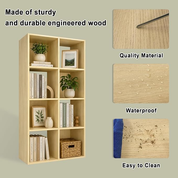 CTESNE【2026】 8 Cube Shelf with Anti-Tipping Kits + Reversible Open Back Bookcase, Multi Layer and Multi Grid partition Layout (Oak 11in)