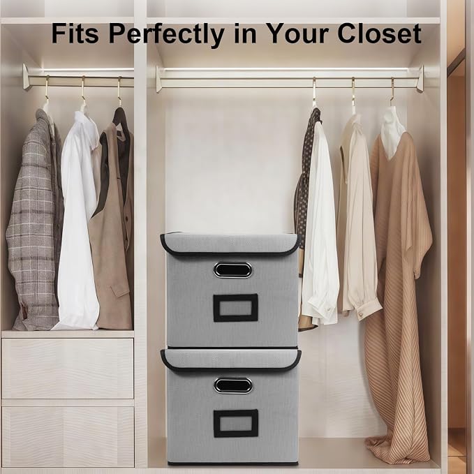 File Storage Box with Lid, 15.55x12.87x10.43 Inches, Foldable Organizer with Handles & Label Slot, for File Storage, Home, Office, and Closet Organization(4 Packs, Grey)