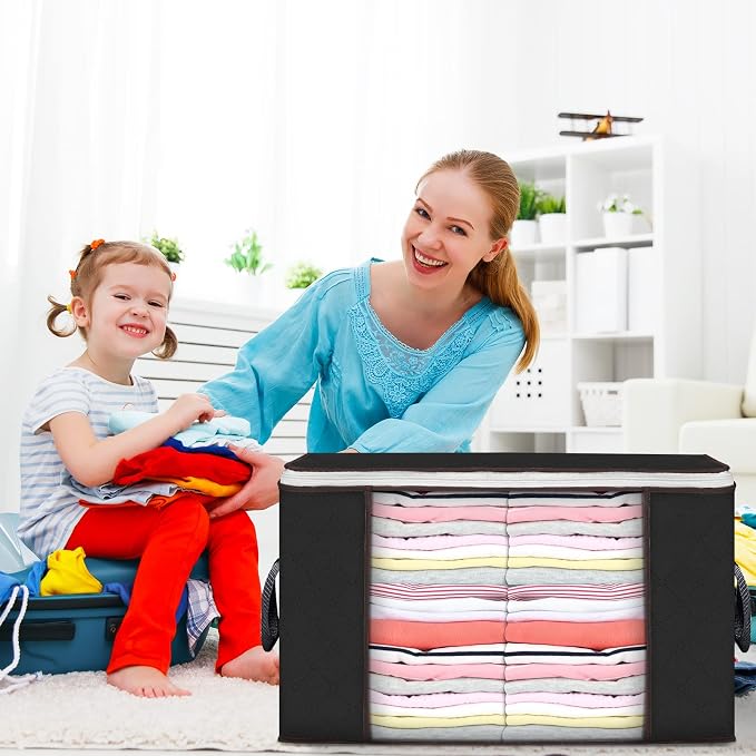 90L Large Storage Bags, 6 Pack Clothes Storage Bins Closet Organizers | Foldable Storage Containers, with Reinforced Handle, for Clothing, Blanket, Comforters, Bed Sheets, Pillows and Toys,Black