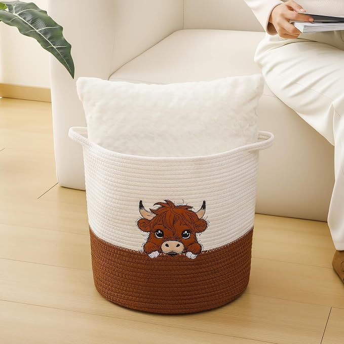 Highland Cow Cute Basket for Nursery, Woven Cotton Rope Storage Basket for Kids, Baby Blanket Organizer with Handles, Storage Basket for Blanket Towel Toys Clothes, Highland Cow Decor, Medium
