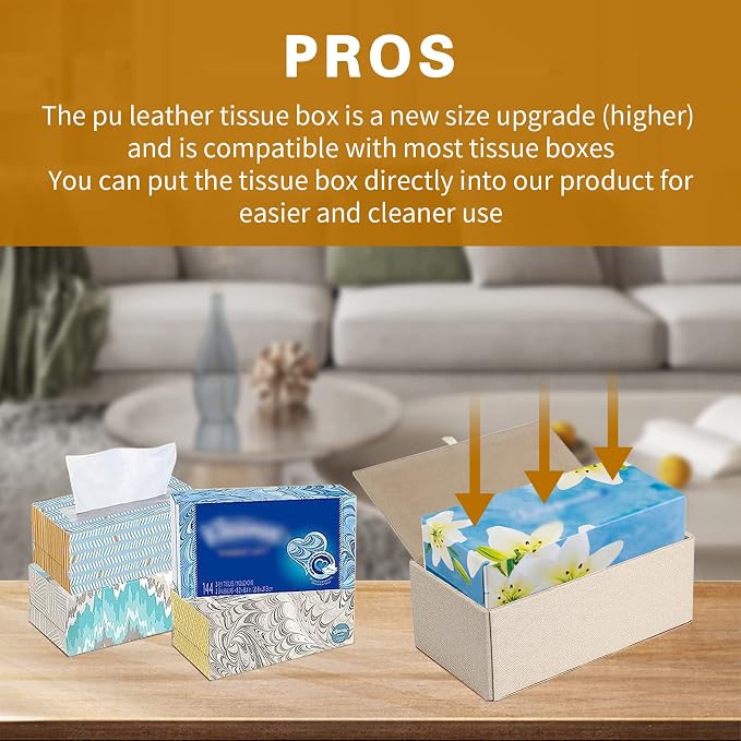 Tissue Box Cover Rectangle Tissue Box Holder PU Leather Facial Organizer with Magnetic Bottom,Decorative Napkin Caddy for Vanity Dresser Night Stand Table Countertop Home Office Car,Beige