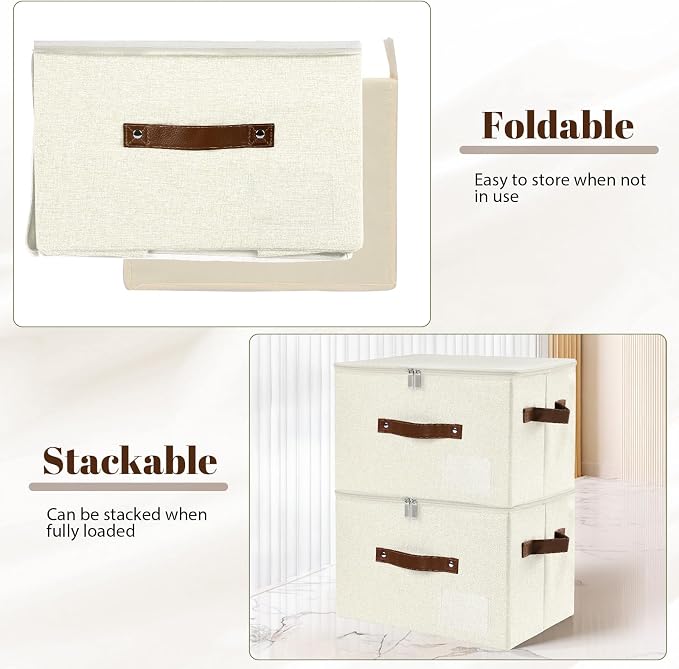 ANMINY Storage Bins with Zipper Lid Storage Boxes with Label Holder PU Leather Handles Washable Foldable Decorative Lidded Cotton Linen Fabric Cubes Baskets Closet Organizer - Beige, Small