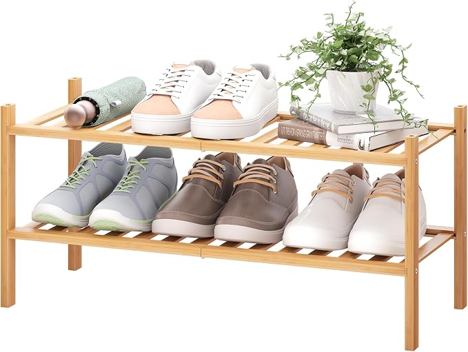 BMOSU 2-Tier Bamboo Shoe Rack Premium Stackable Shoe Shelf Storage Organizer for Hallway Closet Living Room Entryway Organizer (Natural Bamboo)