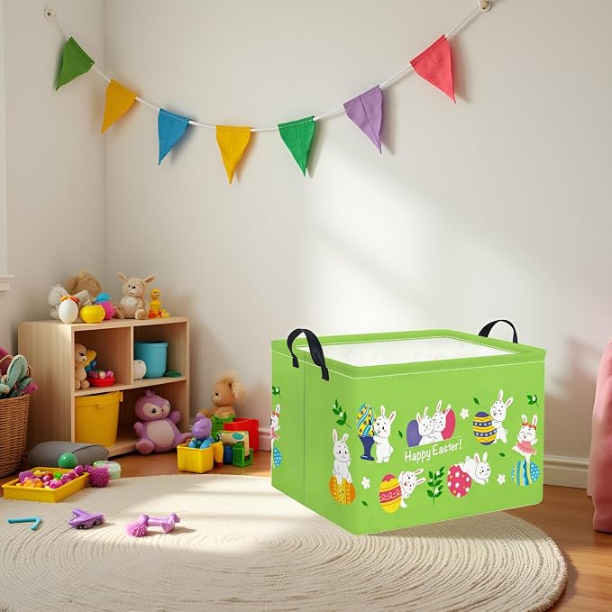 Rectangular Easter Basket Easter Gift Basket for Kids Baby Storage Basket Cute Toy Storage Bin Organizer Shelf Book Basket Easter Room Decor(Green Easter Basket)
