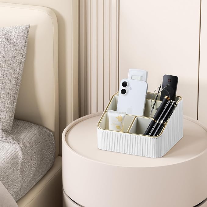 Remote Control Holder with 4 Compartments, PU Leather Small Nightstand Organizer for Home Desk Accessories Office Supplies, Multifunctional Stylish Small Bedside Desktop Organizers (White)