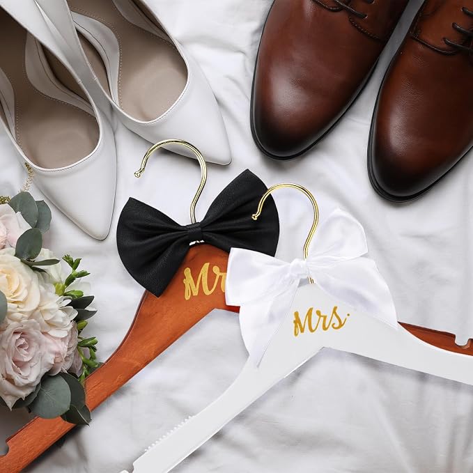 Beeveer 2 Pcs Bride Hanger for Wedding Dress Bride and Groom Wooden Wedding Dress Hanger Set with Bow Tie for Tuxedo Suit Gift Bridal Party Shower