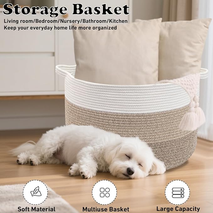 90L Extra Large Blanket Basket,Woven Rope Laundry Basket Hamper with Handles, Decorative Nursery Basket Storage Bin for Toys, Clothes Organizer, Living Room, Bedroom, Bathroom, Brown