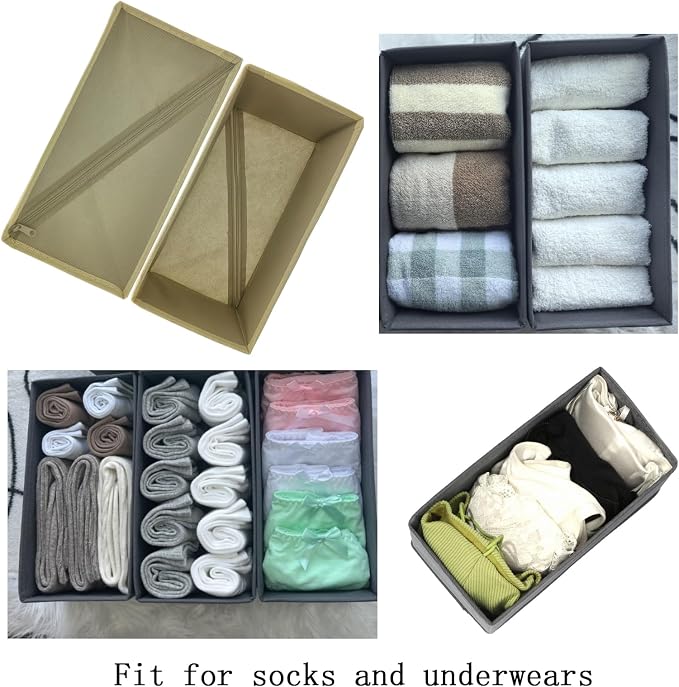 Bructhun Sock Drawer Organizer 9 Pack - Collapsible Fabric Storage Bins for Underwear Divider, Small Closet Organizers with 9 Compartments, Khaki